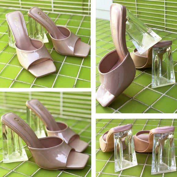 NEW Patent Clear Triangle High Block Heel Square Toe Slip On Sandals Mules Shoes - Picture 10 of 10